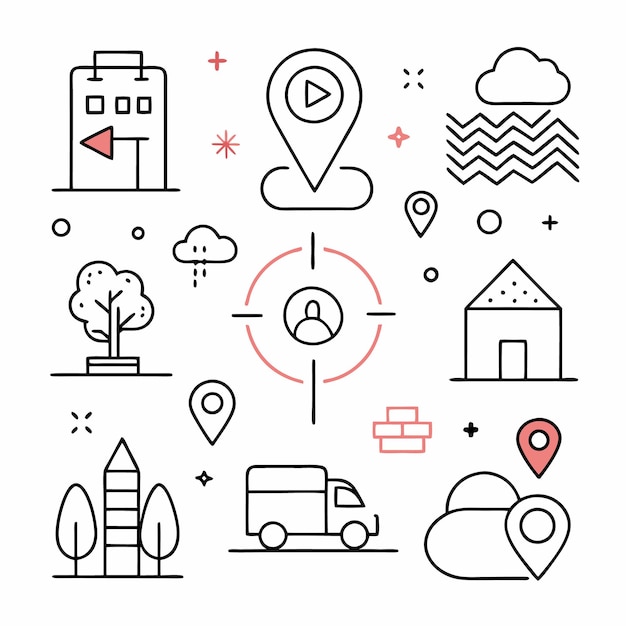 Conjunto de iconos de línea sobre la ubicación de navegación, la ciudad y la entrega