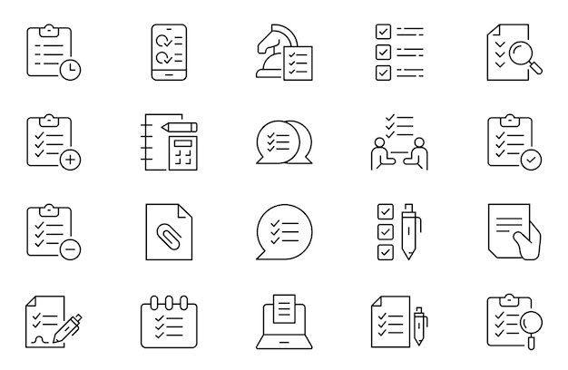 Conjunto de iconos de línea de tareas Serie Lista de comprobación de resolución de problemas de tareas y planificación empresarial Conjunto De iconos de esquema