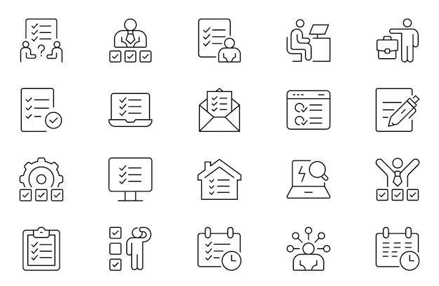Conjunto de iconos de línea de tareas Serie Lista de comprobación de resolución de problemas de tareas y planificación empresarial Conjunto De iconos de esquema