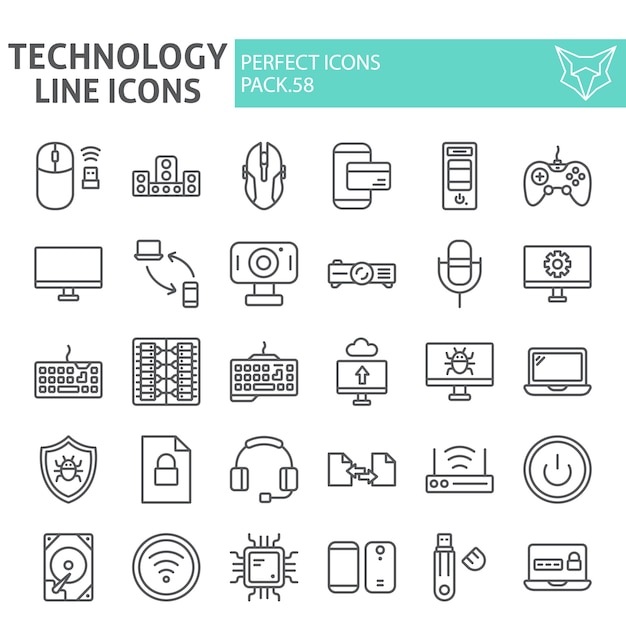 Conjunto de iconos de línea de tecnología, colección de dispositivos