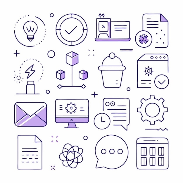 Conjunto de iconos de línea para tecnología empresarial y flujo de trabajo