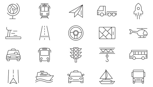 Conjunto de íconos de línea de transporte Ui paquete de ícones de línea delgada