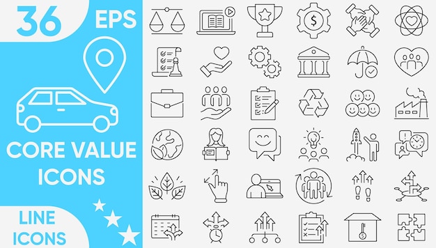 Conjunto de iconos de línea de valores básicos, vectores e ilustradores