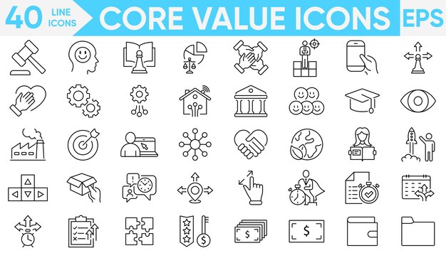 Conjunto de iconos de línea de valores básicos, vectores e ilustradores
