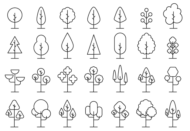 Conjunto de iconos de línea vectorial de árbol Símbolo naturalmente hermoso tronco de madera y ramas de contorno para mapa Ilustración vectorial Trazo editable