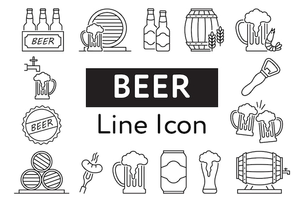 El conjunto de iconos de línea vectorial relacionados con la cerveza contiene iconos como Barrel Sixpack Keg Signboard Mug y más bebidas Alcohol pub o bar glass