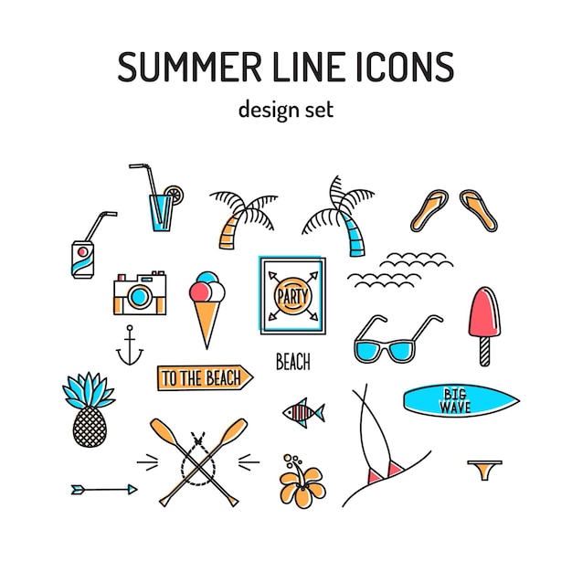 Conjunto de iconos de línea de verano elementos de diseño de vacaciones de resort de playa y mar