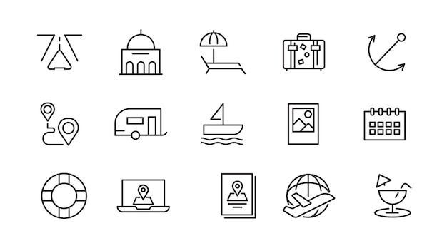 Conjunto de iconos de línea de viaje Mapa de turismo pin de destino de verano viaje de viaje Ui paquete de iconas de línea delgada