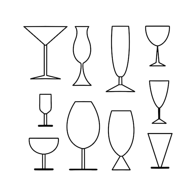 Vector conjunto de iconos de línea de vidrio un tipo de cristalería para bebidas en el estilo de contorno