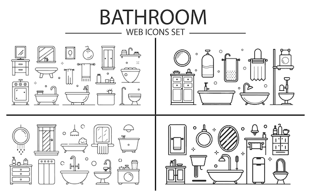 conjunto de iconos de línea web de baño blanco y negro baño ducha inodoro lavabo espejo cosmético burbuja de jabón