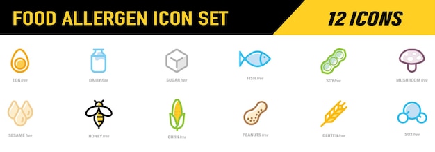 Vector conjunto de iconos lineales de advertencia de ingredientes iconos libres de alérgenos gluten azúcar maíz huevo de soja pescado lácteo