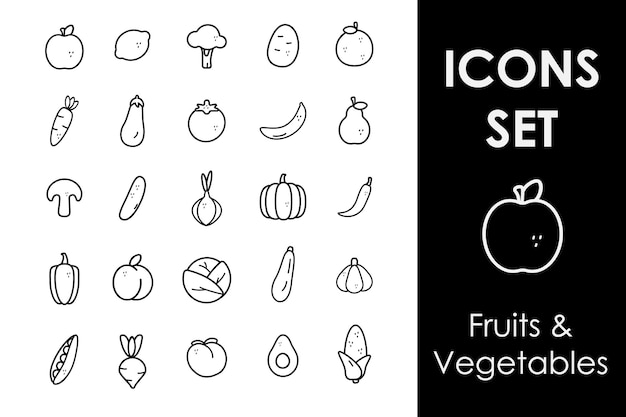 Vector conjunto de iconos lineales de alimentos, frutas y verduras, saludable y vegetariano