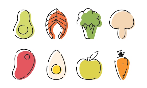 Conjunto de iconos lineales de alimentos saludables Iconos modernos de nutrición adecuada Ilustración vectorial Colección de aguacate lineal filete de salmón manzana huevo zanahoria