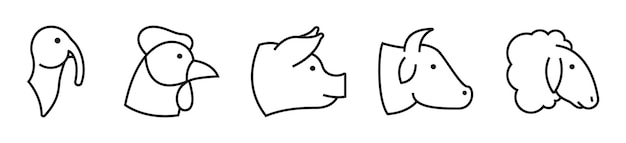 Conjunto de iconos lineales de animales de granja chiken vaca oveja cerdo y pavo vector eps 10