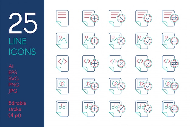 Conjunto de iconos lineales de color de documentos y archivos