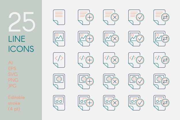 Conjunto de iconos lineales de color de documentos y archivos