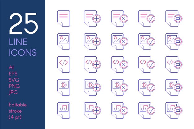 Conjunto de iconos lineales de color de documentos y archivos