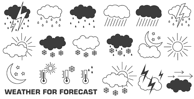 Conjunto de iconos lineales de condiciones climáticas Ilustraciones vectoriales de condiciones meteorológicas mínimas