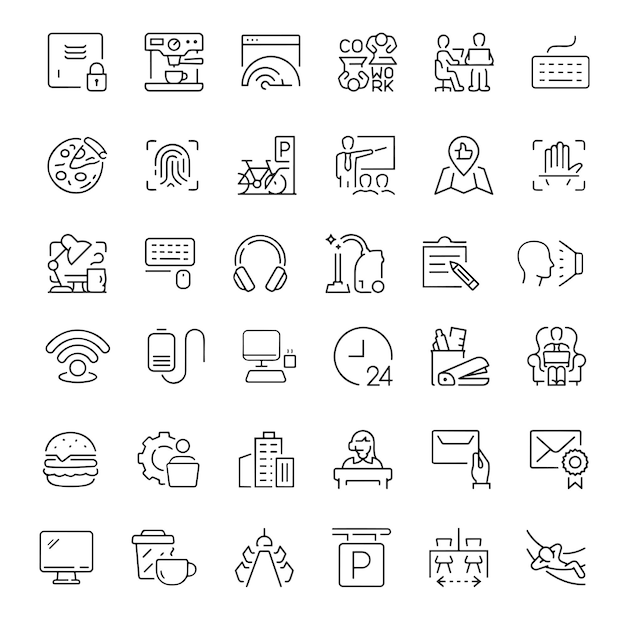 Conjunto de iconos lineales de coworking de Office de 64px y 256px editables