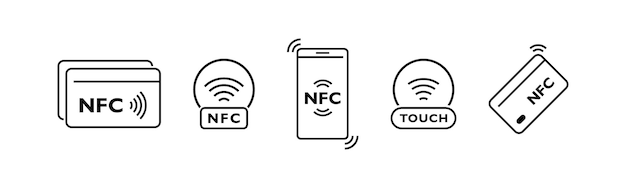 Conjunto de iconos lineales de pago inalámbrico NFC Toque para pagar con tarjeta de crédito Tecnología NFC inteligente para pago rápido Ilustración vectorial