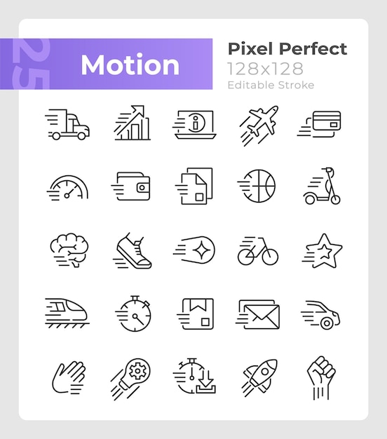 Conjunto de iconos lineales perfectos de píxeles de movimiento