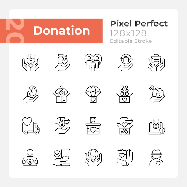 Conjunto de iconos lineales perfectos de píxeles de oportunidades de donación