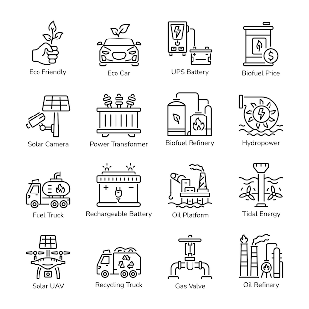 Vector conjunto de íconos lineales de los recursos de energía del módem
