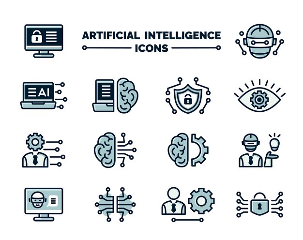Conjunto de iconos lineales sobre el tema de la seguridad y la tecnología de la inteligencia artificial