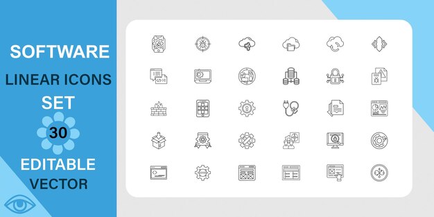 Conjunto de iconos lineales de software Interfaz gráfica de tecnología y más Icono vectorial de esquema