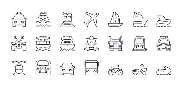 Vector un conjunto de iconos lineales vectoriales logística de transporte y viajes