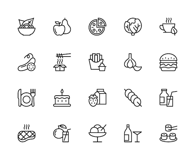 Conjunto de iconos lineales vectoriales relacionados con comidas Contiene iconos como ensalada manzana pera pizza café té y más