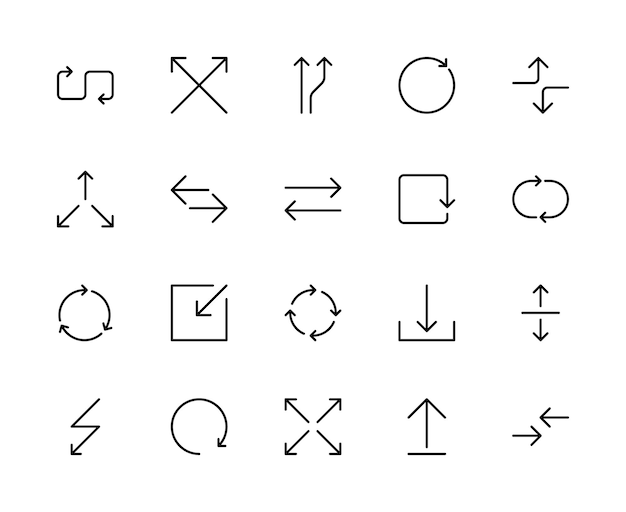 El conjunto de iconos lineales vectoriales relacionados con las flechas contiene iconos como la recarga circular redonda curva y más.