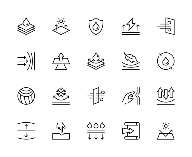 Conjunto de iconos lineales vectoriales relacionados con las propiedades de la tela Contiene iconos como protección solar de la tela, resistencia antistática y más