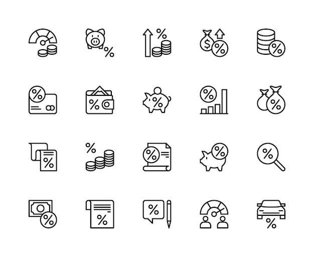 Conjunto de iconos lineales vectoriales de servicios de crédito y financieros Contiene iconos como dinero, intereses, tarjetas de crédito, préstamos comerciales y más