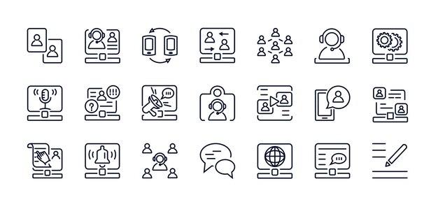 Un conjunto de iconos lineales vectoriales transmisión en línea de una reunión en línea reuniones en línea