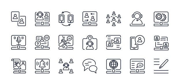 Vector un conjunto de iconos lineales vectoriales transmisión en línea de una reunión en línea reuniones en línea