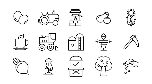 Conjunto de iconos de líneas de agricultura de granja inteligente Jardinería agrícola y UI de contornos delgados