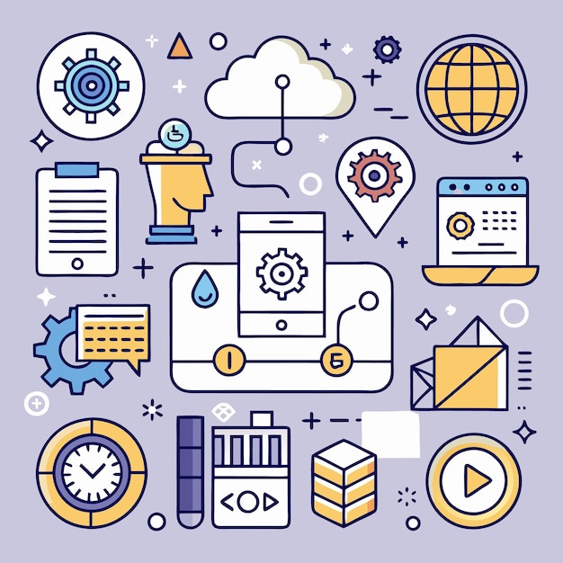 Conjunto de iconos de líneas coloridas para el concepto de tecnología digital
