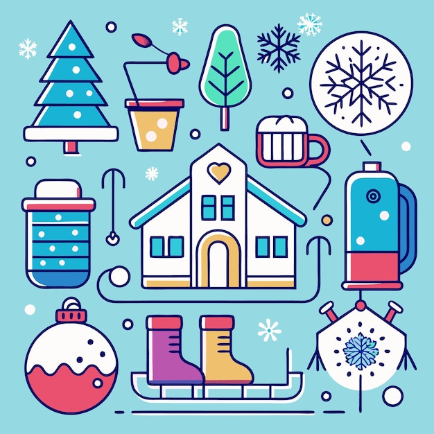 Un conjunto de iconos de líneas coloridas que representan actividades y objetos de la temporada de invierno y Navidad