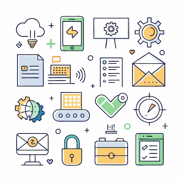 Conjunto de iconos de líneas coloridas que representan diferentes etapas de un proceso de negocio