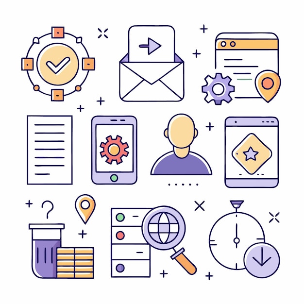 Un conjunto de iconos de líneas coloridas relacionados con el concepto de desarrollo e innovación de la digitalización