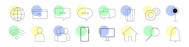 Conjunto de iconos de líneas de comunicación y tecnología modernas