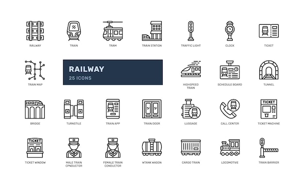 conjunto de iconos de líneas de contorno de transporte público ferroviario, ferroviario y ferroviario
