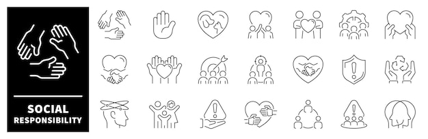 Conjunto de iconos de líneas delgadas relacionados con la responsabilidad social corporativa