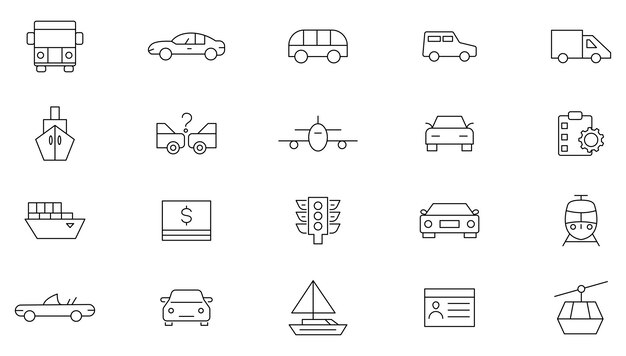 Conjunto de iconos de líneas delgadas de vehículos Colección de iconos lineales industriales y de transporte