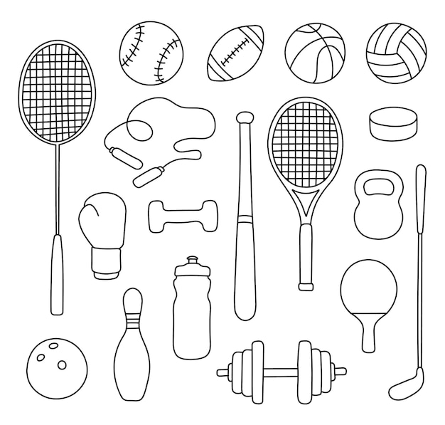 conjunto de iconos de líneas deportivas dibujados a mano estilo minimalismo vector de elementos de equipos deportivos