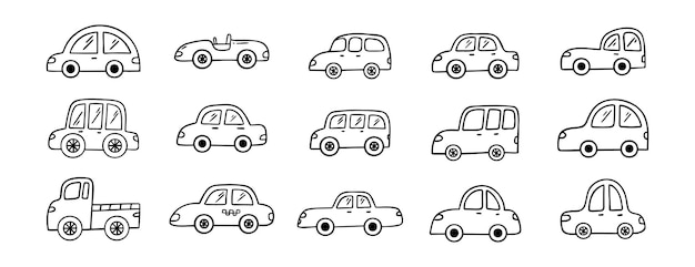 Conjunto de iconos de líneas dibujadas a mano para dibujar el contorno del coche