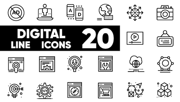 Conjunto de iconos de líneas digitales vectoriales e ilustradores