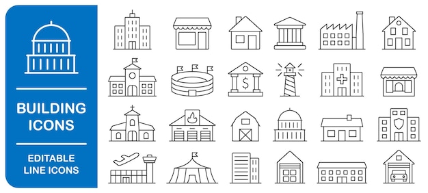 Conjunto de iconos de líneas editables de edificios Signo de símbolo de arquitectura de la ciudad Contiene casa de aeropuerto de circo