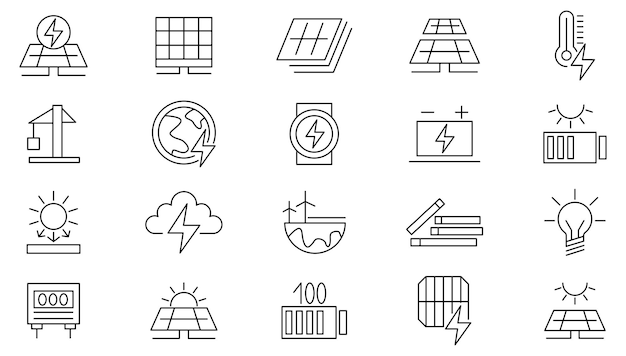 Conjunto de iconos de líneas de energía solar, paneles solares reciclables, baterías de energía ecológica